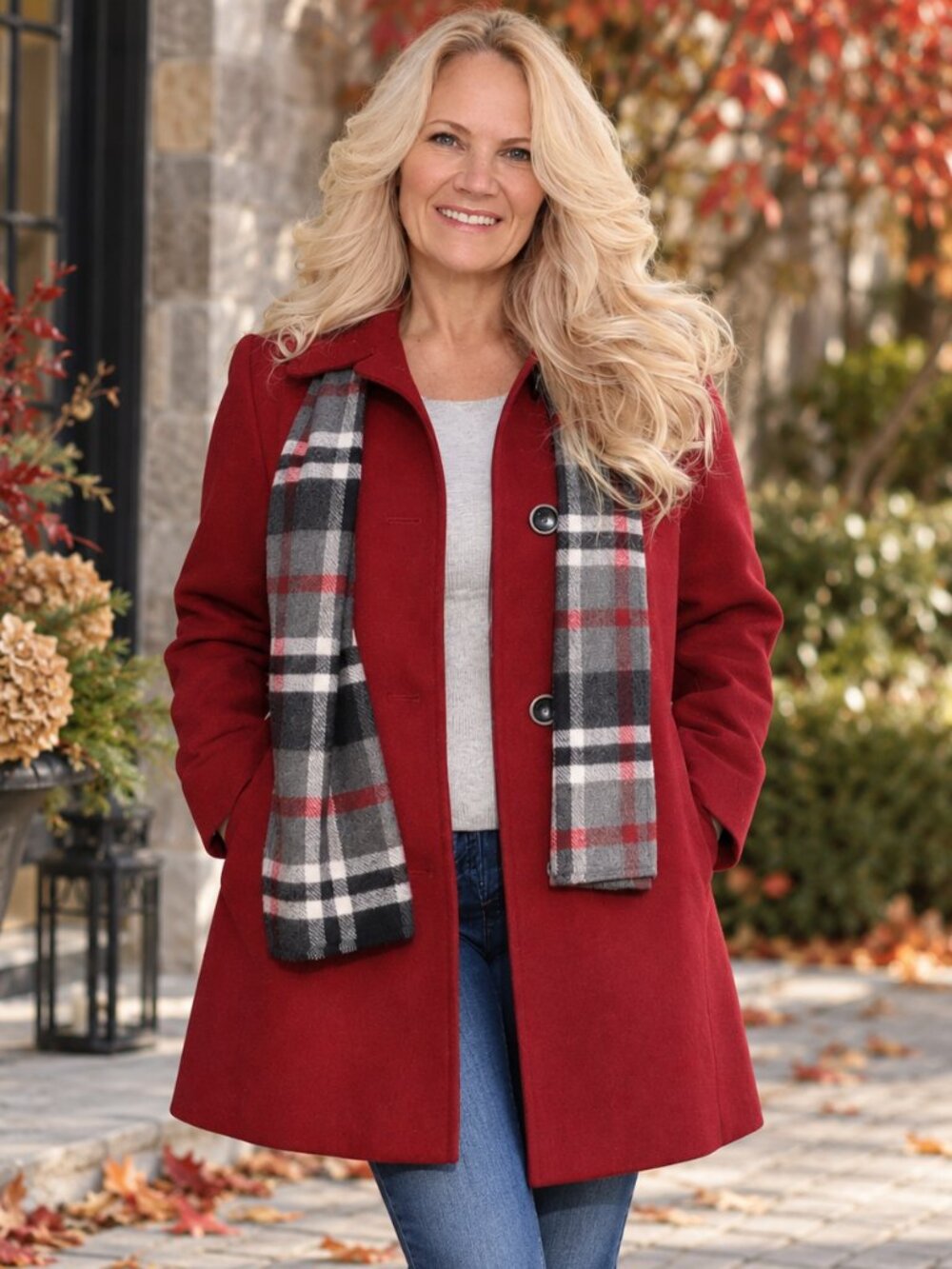 Ruby Red Petite Pea Coat with Removable Plaid Scarf